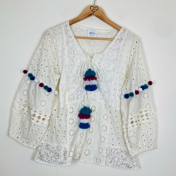Misa Los Angeles white eyelet lace up top with tassel and pom pom details. Med - Picture 1 of 7